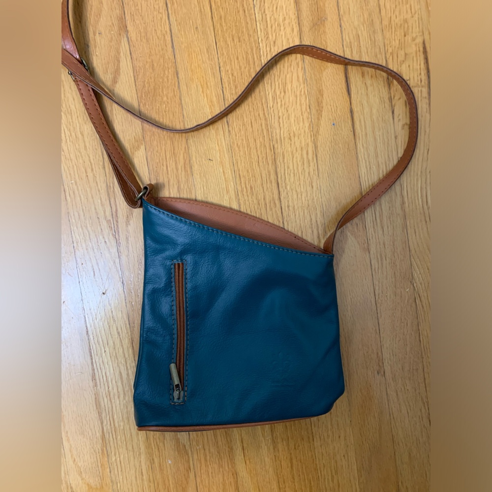 Vera Pelle genuine leather teal and cognac brown crossbody bag
